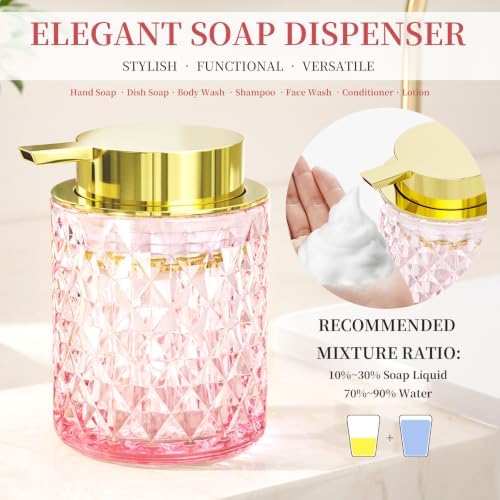 Glass Bathroom Accessories Set 5Pcs Crystal Pink - Foaming Soap Dispenser, Soap Dish, Cup, Acrylic Toothbrush Holder with Tray Organizer, Cotton Swab Jar, Bathroom Counter Set Sink Decor