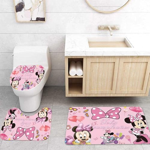 Cute Cartoon Shower Curtain Set 4 Piece with Non-Slip Rugs, Toilet Lid Cover and Bath Mat Cartoon Bathroom Decor 72 x 72inch (Minnie)