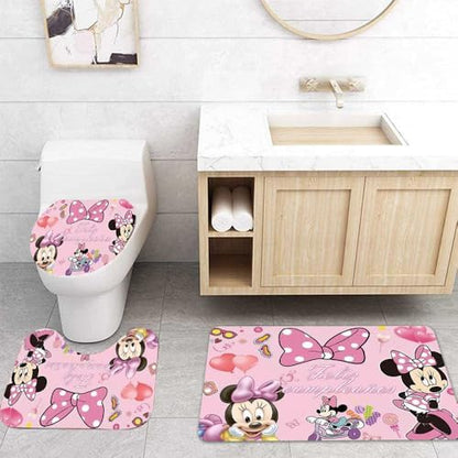 Cute Cartoon Shower Curtain Set 4 Piece with Non-Slip Rugs, Toilet Lid Cover and Bath Mat Cartoon Bathroom Decor 72 x 72inch (Minnie)