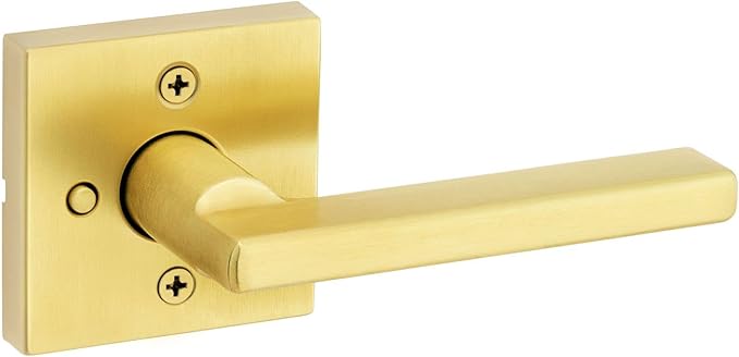 Kwikset Halifax Interior Privacy Door Handle with Lock, Door Lever For Bathroom and Bedroom, Satin Brass Reversible Keyless Push Button Lock Door Lever, with Microban Protection, Square Rose