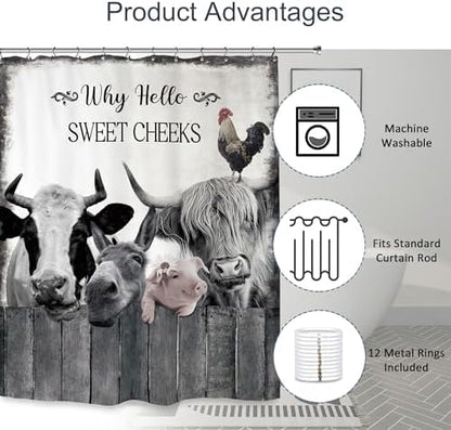 Farmhouse Animal Farm Funny Shower Curtain 72Wx72L Inch Bull Cow Pig Donkey Rustic Country Bathroom Set Accessories Decor Polyester Waterproof with 12 Pack Hooks