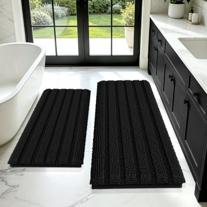 ACCUMTEK Striped Black Bathroom Rug Mat Set 2 piece 24"x17"+48"x20" Ultra Soft, Non Slip Chenille Bath Rugs, Absorbent Plush Shaggy Bath Mats for Bathroom, Bedroom, Kitchen, Shower, Tub