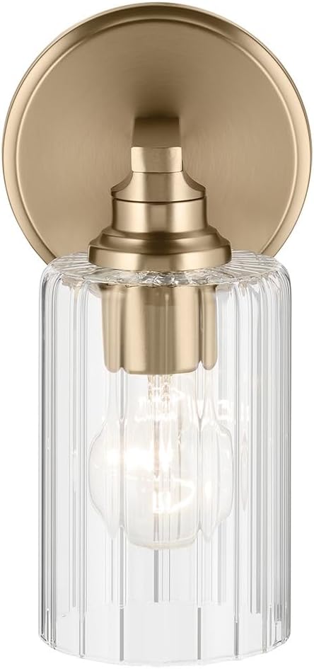 Kichler Gioe 5" 1-Light Wall Sconce with Clear Fluted Glass in Champagne Bronze, Damp Rated, for Powder Room, Kitchen, Hallway, Bedroom, Fireplace, (5" W x 9.5" H), 55224CPZFLU