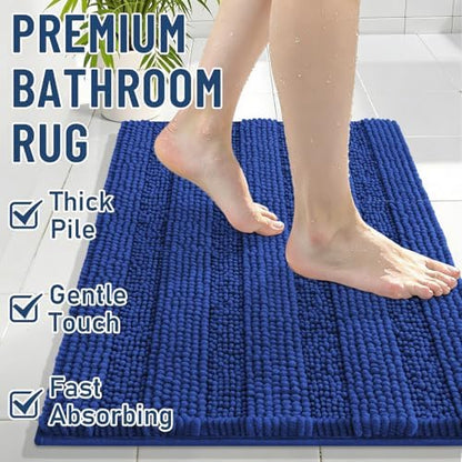 Grandaily Chenille Striped Bathroom Rugs 30x20, Extra Thick and Absorbent Bath Mats, Non-Slip Soft Plush Shaggy Shower Carpet, Machine Wash Dry, Bath Rug for Bathroom, (Medium, Cobalt Blue)