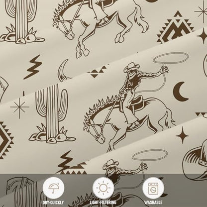 Western Cowboy Shower Curtain, 60x72 Inch, Beige Aztec Horse Cactus Pattern, Rustic Southwestern Tribal Desert Decor, Vintage Country Fabric with 12 Hooks