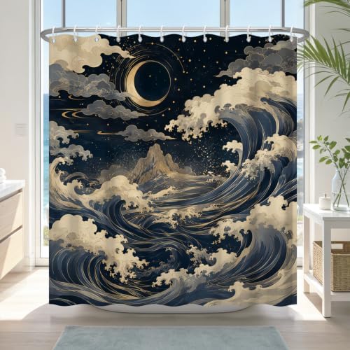 Japanese Style Ocean Waves Waterproof Coastal Shower Curtain with Hooks