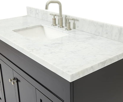DKB Bradford 54" Black Single Bathroom Vanity with Sink, 1.5" Italian Carrara Marble Countertop, Rectangular Undermount Sink, 2 Soft Closing Doors, 4 Dovetail Drawers
