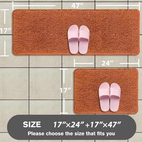 Bathroom Rugs Sets 2 Piece – Absorbent and Washable Bath Mat, Non-Slip, Thick Soft Chenille Bath Rugs for Bathroom Floor, Shower, Sink(17" x 24"+17" x 47", Burnt Orange)