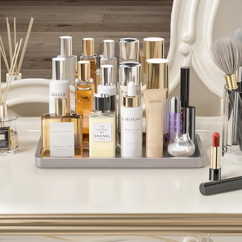 Weenson Bathroom Vanity Tray for Perfume Makeup Jewelry Decor Candle, Bamboo Kitchen Tray for Soap Dispenser Spice, Coffee, Toilet Tank Tray Nightstand Silver 11.81”L x 6.1”W x 0.79”H