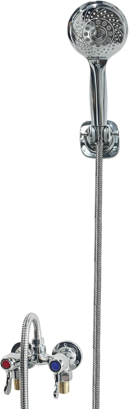 Outdoor Shower Kit Fixture Dual Handle Solid Brass 4 Inch Center Mix Valve with 59 Inch Hose and Showerhead Outdoor Shower System with ABS 6 Spray Mode Handheld Chrome Polish