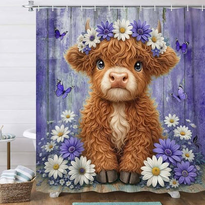 Cute Cow Shower Curtain, Farmhouse Rustic Purple Floral Daisy Highland Cow Shower Curtains for Bathroom, Calf Country Farm Animal Garden Plant Fabric Bathroom Decor with Hooks, 70x75 inch