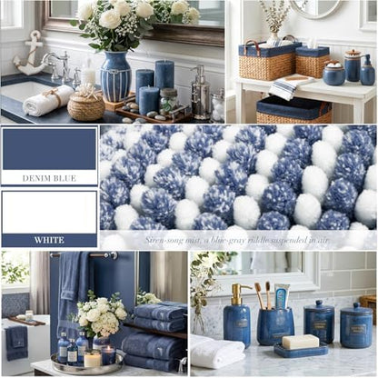 BSICPRO Bathroom Rugs Sets 2 Piece, Non Slip Striped Bath Mats, Denim Blue