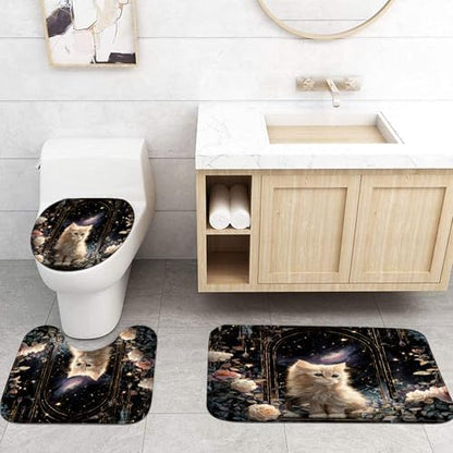 4Pcs Cat Milky Way Shower Curtain Sets with Non-Slip Rugs,Toilet Lid Cover and Bath Mat,Rose Castle Pattern Home Bathroom Decor Set Accessories Waterproof Shower Curtains with 12 Hooks,72 x 72 Inch