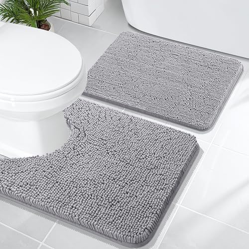 OLANLY Chenille Bathroom Rugs Mats Sets 2 Piece, 24"x16"+24"x20", Grey