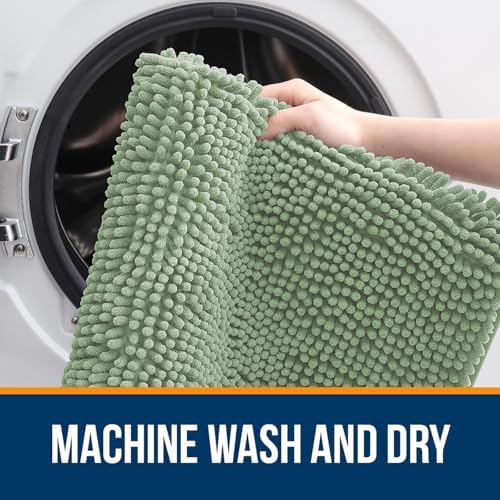 OLANLY Chenille Bathroom Rugs Mats Set 2 Piece, 24"x16"+24"x20", Sage Green