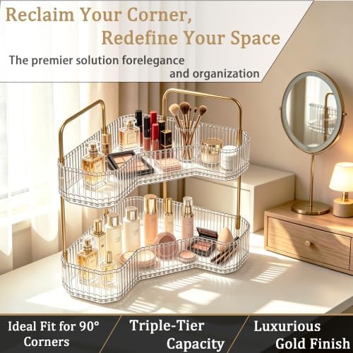 2-Tier Corner Bathroom Organizer, Skincare Vanity Counter Shelf Clear