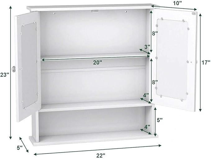 Salches Wall Mounted Bathroom Cabinet w/2 Mirrored Doors, Over-Toilet Hanging Cabinet w/Shelves, Wooden Medicine Storage Organizer for Living Room/Corridor/Cloakroom/Kitchen, 22” x 5” x 23” (White)