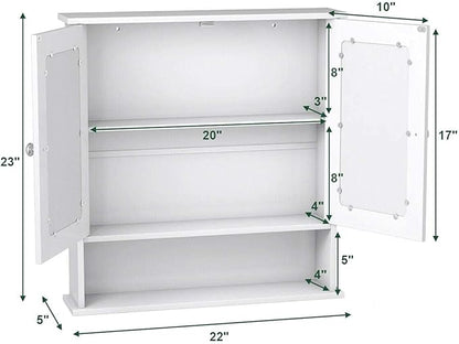 Salches Wall Mounted Bathroom Cabinet w/2 Mirrored Doors, Over-Toilet Hanging Cabinet w/Shelves, Wooden Medicine Storage Organizer for Living Room/Corridor/Cloakroom/Kitchen, 22” x 5” x 23” (White)