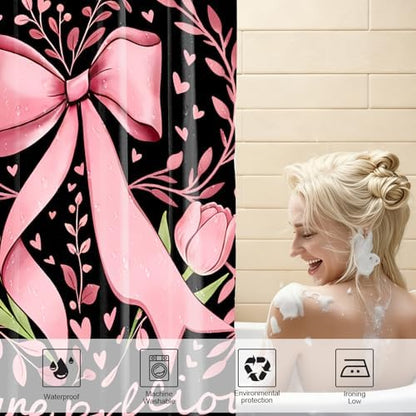 AZHM 4pcs Tulip Bow Bathroom Shower Curtain Set with Rugs and Accessories