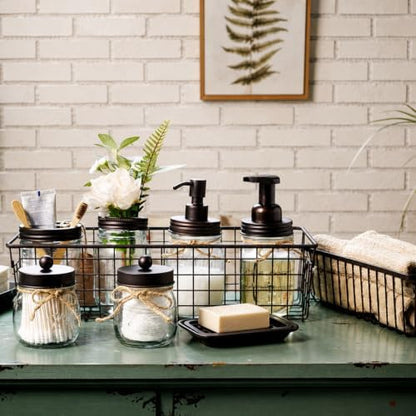 SheeChung Mason Jar Bathroom Accessories Set,6Pcs Rustic Bathroom Set,Brown