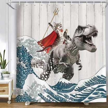 Funny Cat Riding Dinosaur Shower Curtain - Japanese Ocean Wave Design, Nautical Kids Children Rustic Wooden Farmhouse Style, 60X70inch, Brown