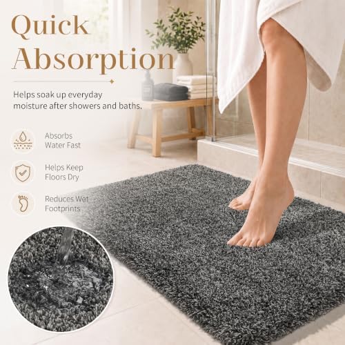 Yimobra Luxury Bathroom Rugs, Fluffy Bath Mats, Non Slip, Water Absorbent Microfiber, Machine Washable, Plush Runner Shower Rug, Thick Mat for Bathroom Floor/Tub, 70" X 24", Light Gray and Black Gray