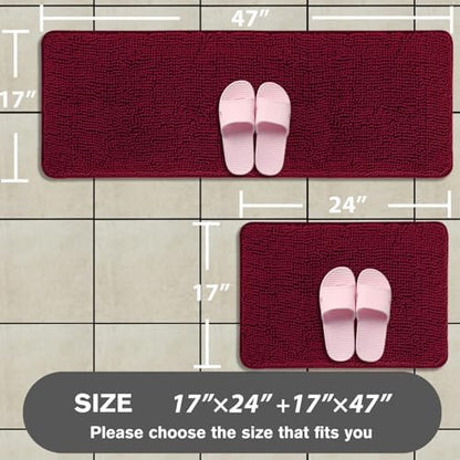 Bathroom Rugs Sets 2 Piece – Absorbent and Washable Bath Mat, Non-Slip, Thick Soft Chenille Bath Rugs for Bathroom Floor, Shower, Sink(17" x 24"+17" x 47", Vivid Burgundy)