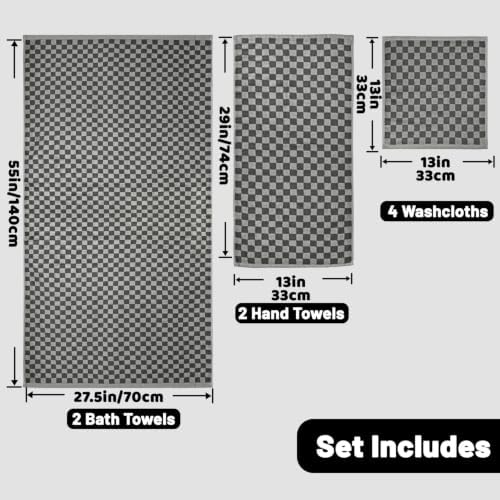 Jacquotha Grey Checkered Towel Set of 8, Cotton Towels for Bathroom Decor