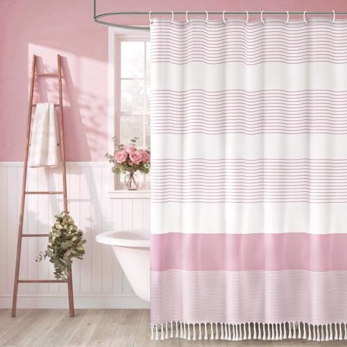 Pink Boho Cotton Striped Shower Curtain with Tassel 72" W X 72" L