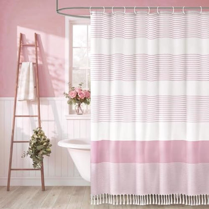 Pink Boho Cotton Striped Shower Curtain with Tassel 72" W X 72" L