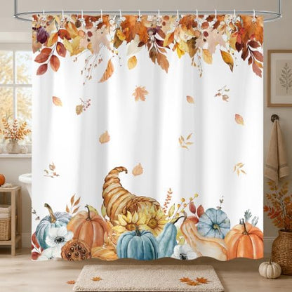 Harvest Pumpkin Shower Curtain, 72 x 84 Inch Watercolor Fall Bathroom Curtain with Autumn Leaves, Cornucopia and Blue Pumpkin Design, Farmhouse Bath Decor