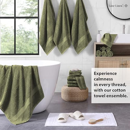 LANE LINEN Large Bath Towel Set Absorbent Quick Dry 100% Cotton - Oil Green