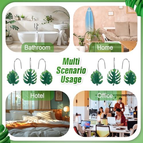 Thyle 12 Pcs Tropical Leaf Shower Curtain Hooks, Hawaiian Resin Ornament Rings Summer Shower Curtain Hooks for Bathroom Bedroom Accessories