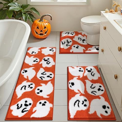 Pauwer Halloween Bathroom Rugs Sets 3 Piece, Fall Bath Mats, Orange Ghost