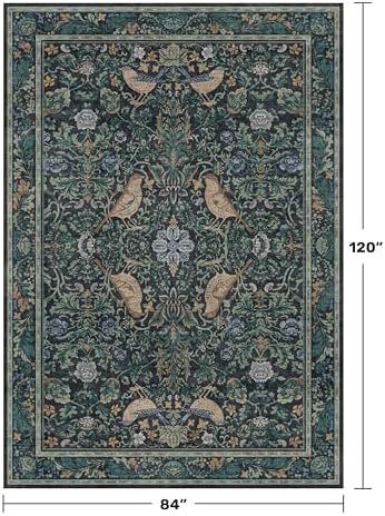Boho Living Room Rug, 7x10 Floral & Bird Pattern Area Rug for Dining Room, Washable Farmhouse Soft Bedroom Carpet, Low Pile Blue and Green Home Décor, Non Slip & Stain Resistant