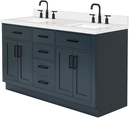 ARIEL Hepburn 60-inch Bathroom Vanity with Sink,Solid Wood, 1.5-inch Pure White Quartz Countertop, Double Rectangular Porcelain Sink, 4 Soft Closing Doors, 6 Dovetail Drawers, Midnight Blue