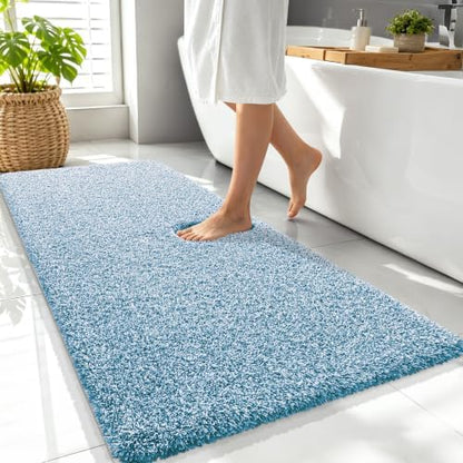 OLANLY Microfiber Soft Bathroom Rugs Mats 47x24, Peacock Blue and White