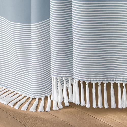 Blue Coastal Ocean Cotton Striped Shower Curtain with Tassel 72"W X 78"L