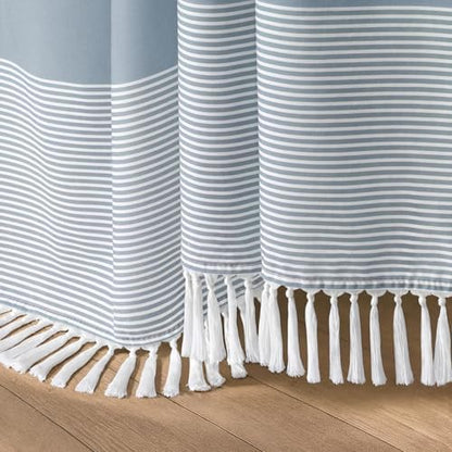 Blue Coastal Ocean Cotton Striped Shower Curtain with Tassel 72"W X 78"L