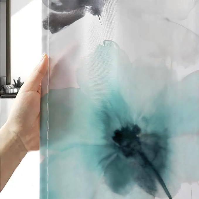 Sanzugh Boho Floral Shower Curtain, Cream Tan Beige Teal Grey White Flower Farmhouse Fabric Shower Curtains Set for Bathroom Decorative with Hooks 60 X 72 inch Spring Bath Decor