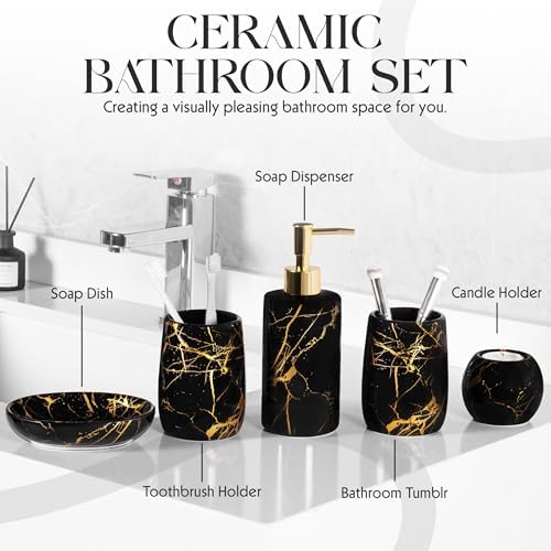 Ceramic Bathroom Accessory Set, 5-Piece Bathroom Accessory Set, Soap Dish, Toothbrush Holder, Soap Dispenser, Bathroom Tumbler & Candle Holder - Modern Bathroom Organizer, (Black & Gold)