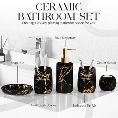 Ceramic Bathroom Accessory Set, 5-Piece Bathroom Accessory Set, Soap Dish, Toothbrush Holder, Soap Dispenser, Bathroom Tumbler & Candle Holder - Modern Bathroom Organizer, (Black & Gold)