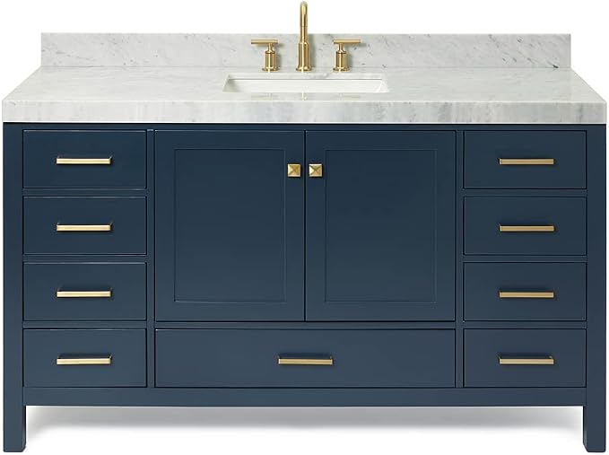 ARIEL Cambridge 60-inch Bathroom Vanity with Sink,Solid Wood, 2-inch Italian Carrara Marble Countertop, Single Rectangular Porcelain Sink, 2 Soft Closing Doors, 9 Dovetail Drawers, Midnight Blue