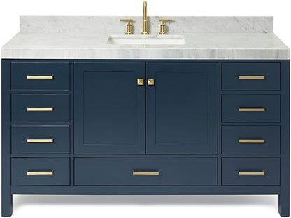 ARIEL Cambridge 60-inch Bathroom Vanity with Sink,Solid Wood, 2-inch Italian Carrara Marble Countertop, Single Rectangular Porcelain Sink, 2 Soft Closing Doors, 9 Dovetail Drawers, Midnight Blue
