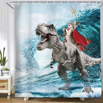 Funny Cat Shower Curtain, Cool Cat Dinosaur Japanese Ocean Wave Shower Curtain, Cat Riding Dinosaur Fun Shower Curtain Nautical Kids Children Rustic Wooden Farmhouse Shower Curtain, 72X84inch, Blue