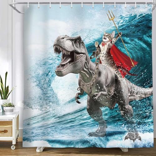 Fun Cat Dinosaur Ocean Wave Shower Curtain, Cat Riding Dinosaur, 72x75 Inch, Blue