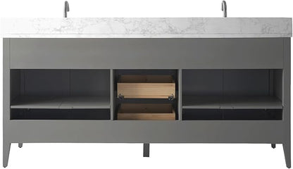 HOMEBEYOND 72" Bathroom Vanity with Double Sink, Solid Wood Bathroom Vanity Free-Standing Cabinet, Ceramic Top & Soft Closing Door, Golden Brushed Handware, Cashmere Gray