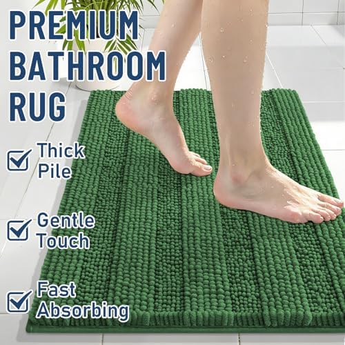 Grandaily Chenille Striped Bathroom Rugs 44x24, Extra Thick and Soft Absorbent Bath Mats, Rubber Backing, Plush Shaggy Shower Carpet, Machine Wash Dry, Bath Rug for Bathroom, Olive Green