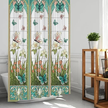 Stained Glass Vintage Floral Butterfly Shower Curtain 72x72 Inches