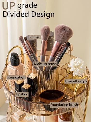 Asayuee 360 Rotating Makeup Organizer,3 Tier Large Capacity Make Up Organizers and Storage,Skincare Perfume Vanity Organizers,Bathroom Cosmetics Storage Organizer Countertop(Gold)